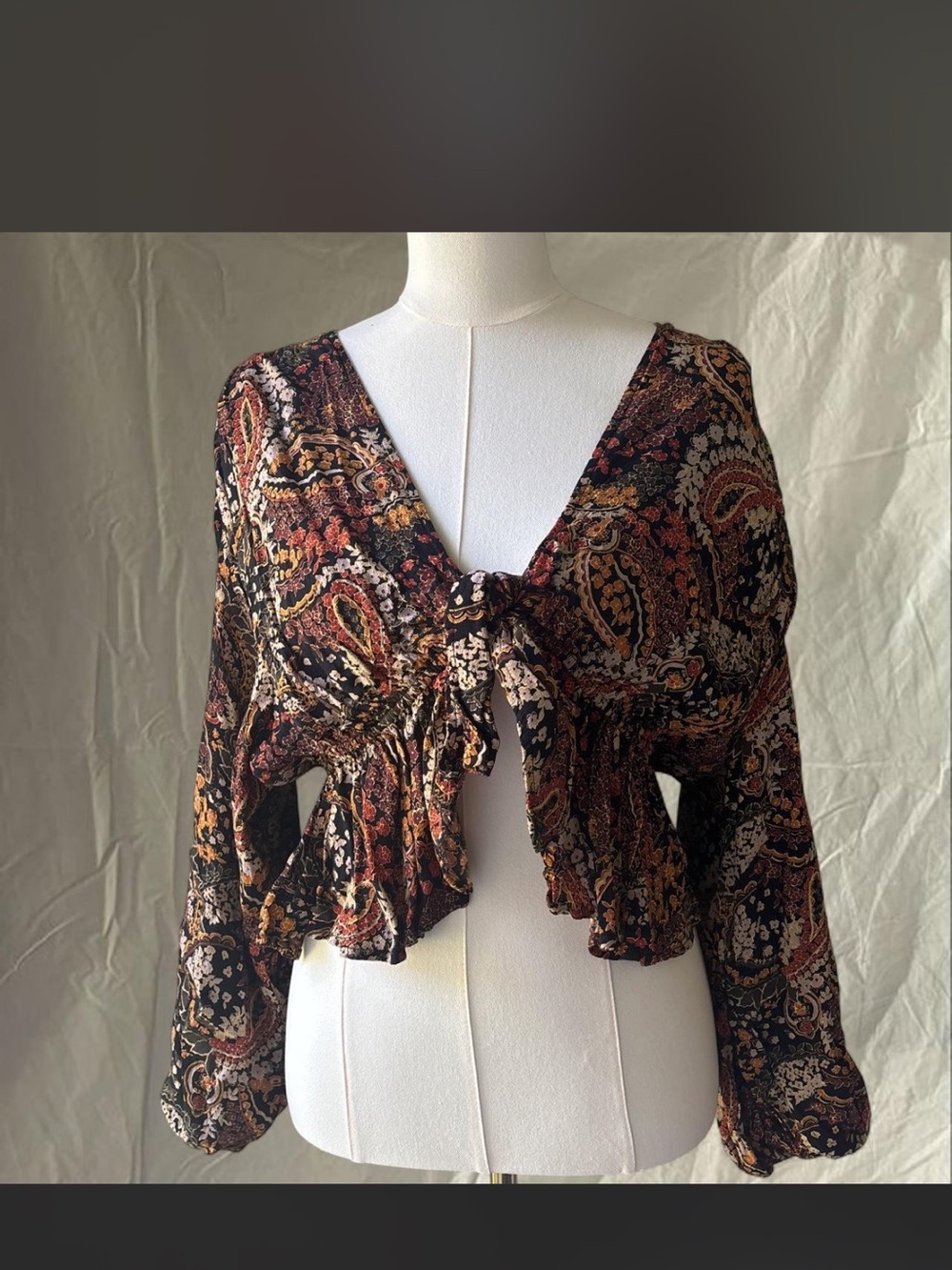 Urban Outfitters Black, Rust & Cream Paisley Tie-Front Blouse